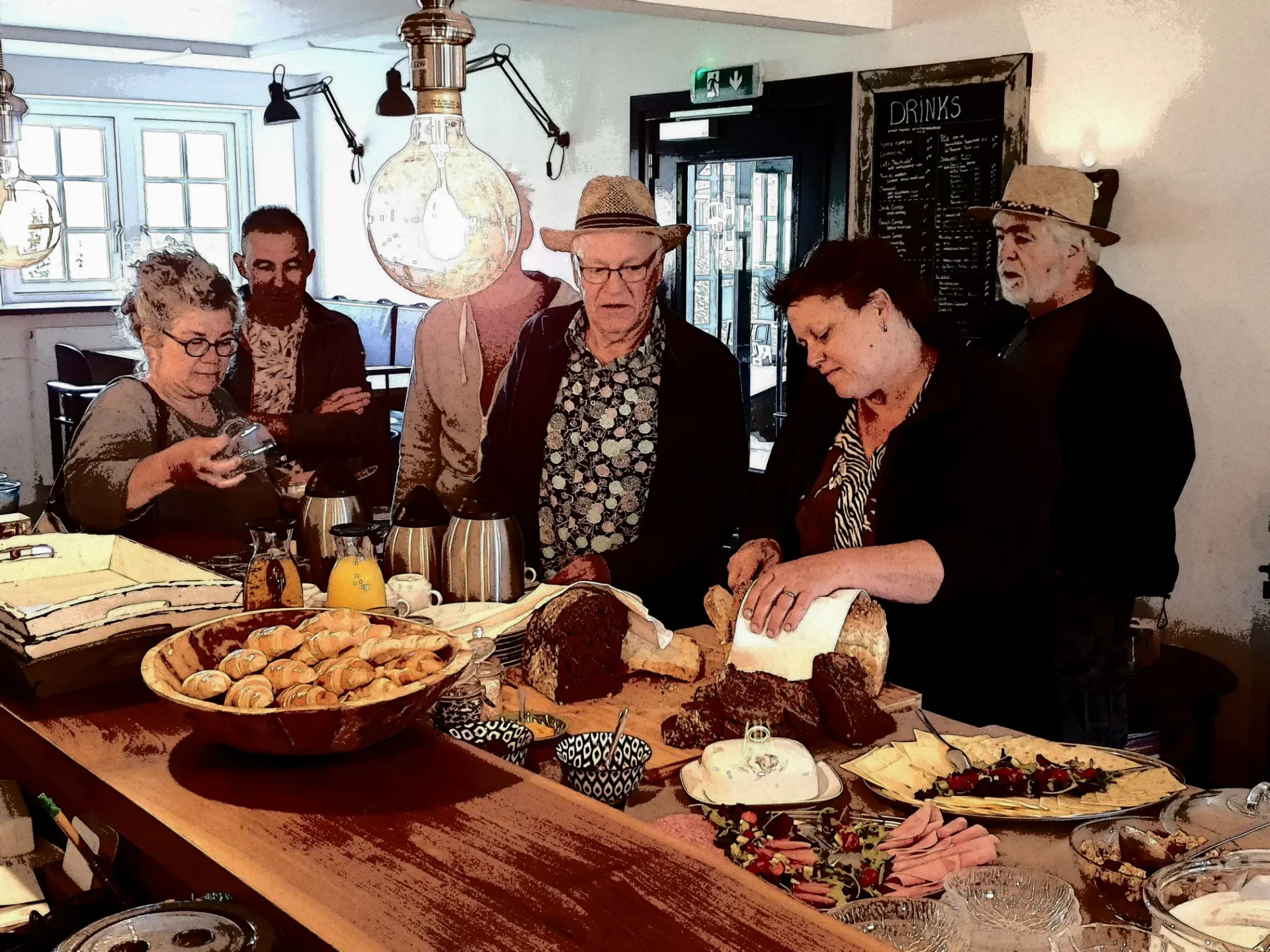 Mensen die eten opscheppen bij het ontbijtbuffet
